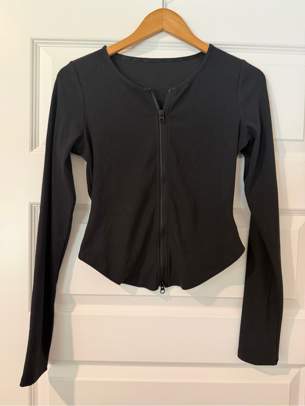 Alo Black Ribbed Double Zip-Front Long-Sleeve Top